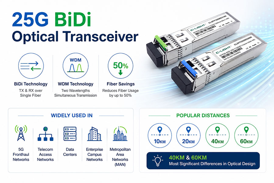 25G BiDi 40KM vs 60KM Optical Transceiver: Laser,Wavelength,and Application Differences
