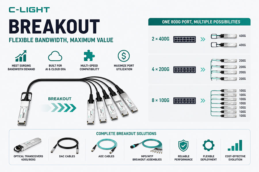 Data Center Breakout:400G/800G Optical Modules, DAC, AOC & Fiber Breakout Cables