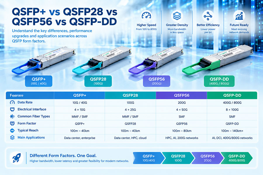 What Is the Difference Between QSFP+, QSFP28, QSFP56, QSFP-DD?